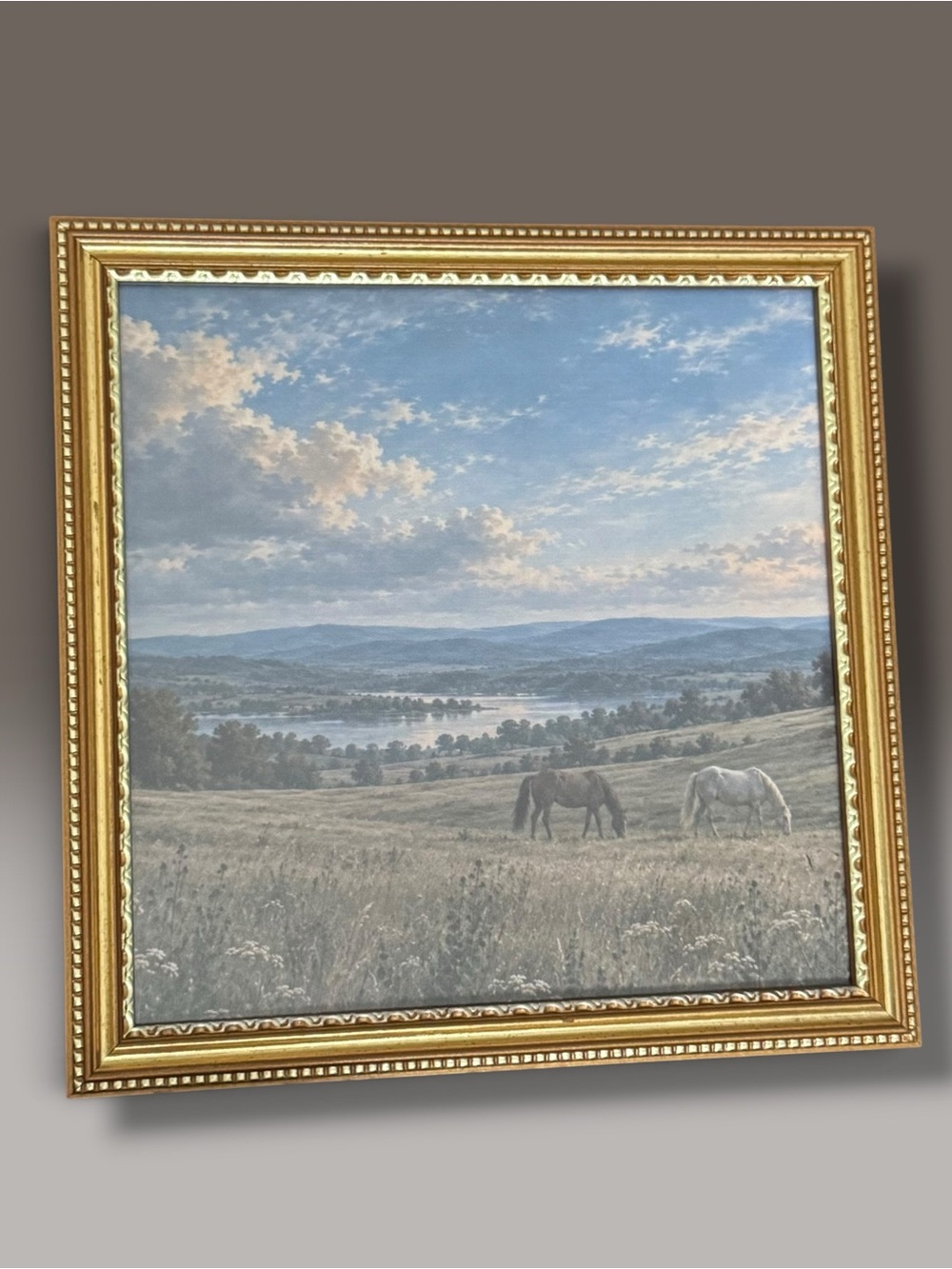 Gold Framed Horse Landscape Art Pastoral Country Equestrian Wall Decor 9x9